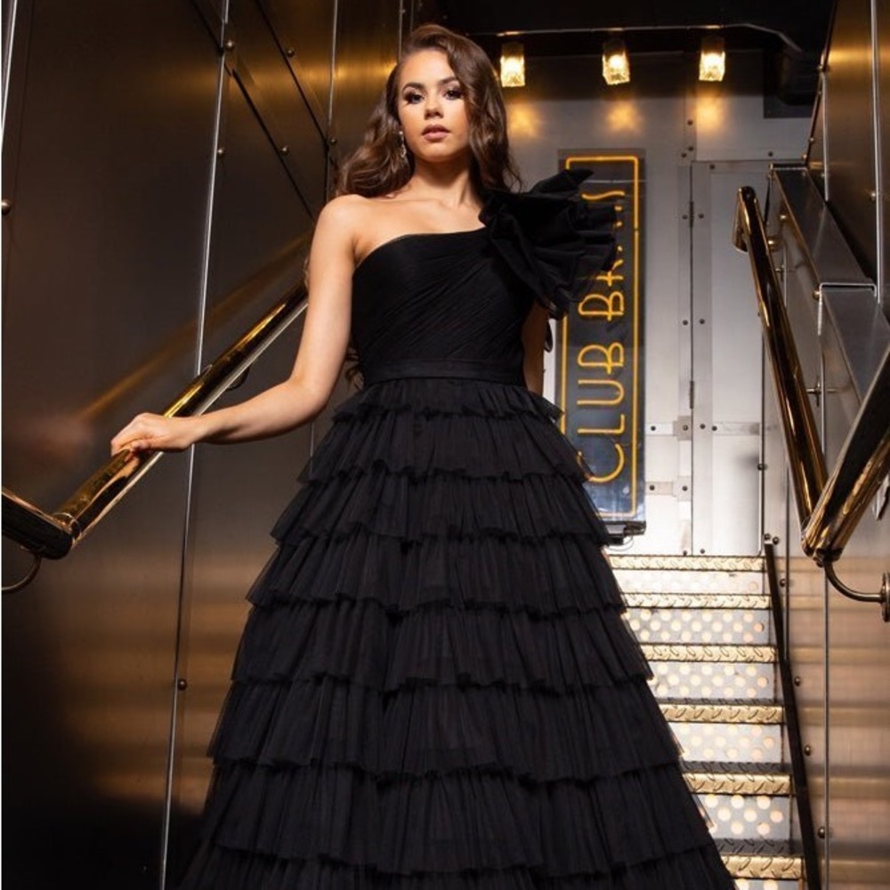 Velvet by Roland Tiered Black Ruffle Dress